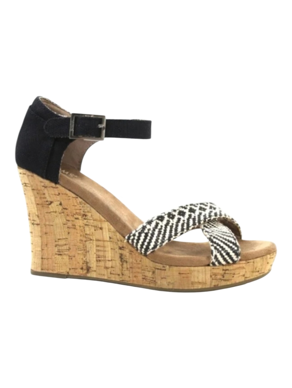 TOMS Cork Wedge Strappy Sandals Heels Ankle Strap Shoes Black Tan Size 7.5